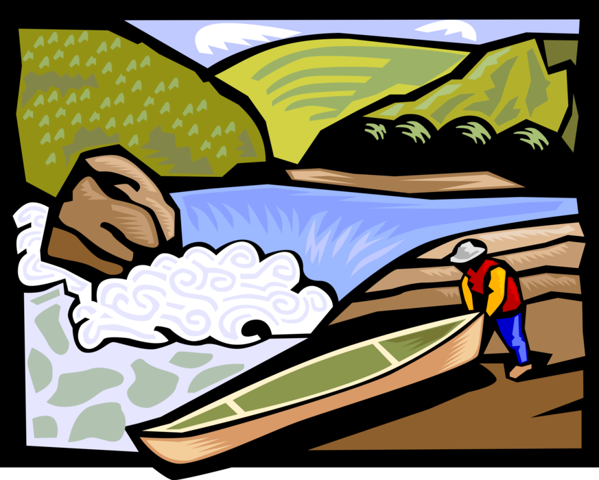 Vector Illustration of Canoeist Portaging with Canoe Around Wilderness Waterfalls