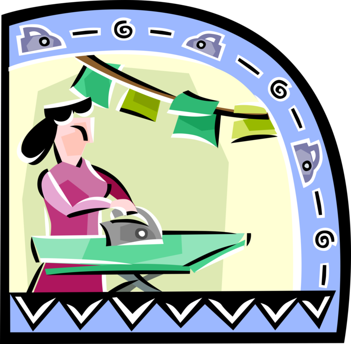 Vector Illustration of Woman Ironing Clothes with Iron