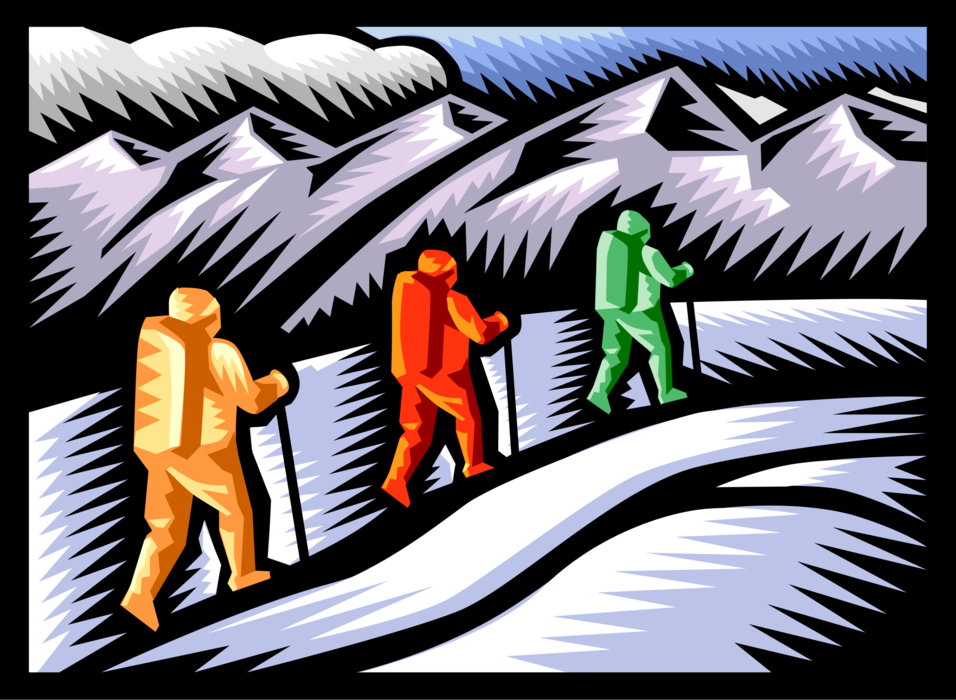 Vector Illustration of Hikers Trek Through Snow on High Mountain Pass on Hiking Expedition