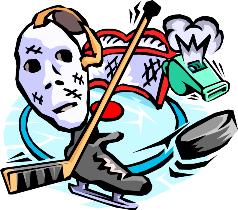 Vector Illustration of Sport of Ice Hockey, Goalie Mask, Stick, Sports Referee Whistle and Puck