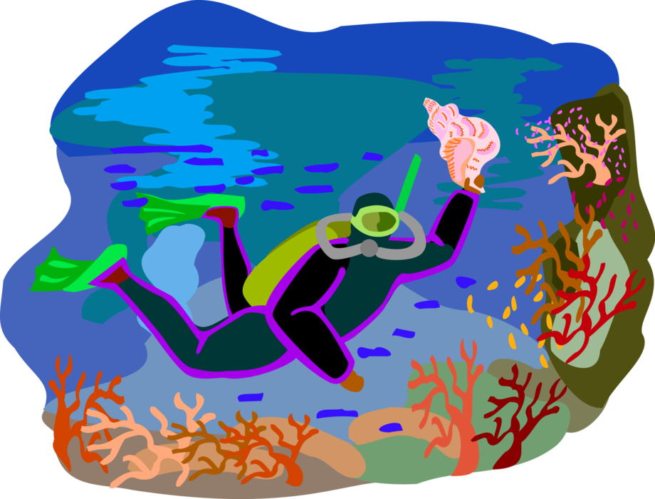 Vector Illustration of Scuba Diver Finds Seashell While Diving Colorful Coral Reef