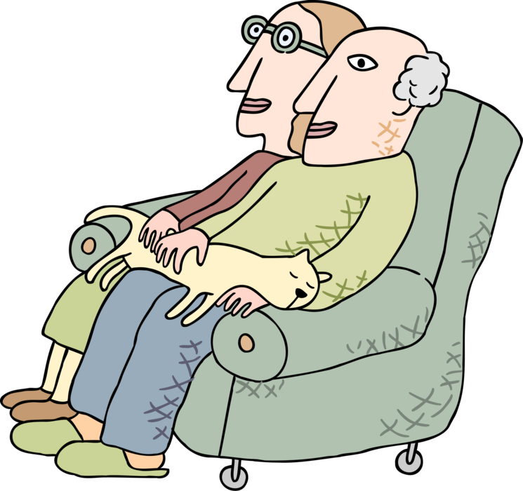 Vector Illustration of Retired Elderly Couple Seated in Loveseat with Family Cat