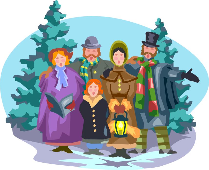 Vector Illustration of 19th Century Victorian Era Christmas Carolers Sing on Winter Night