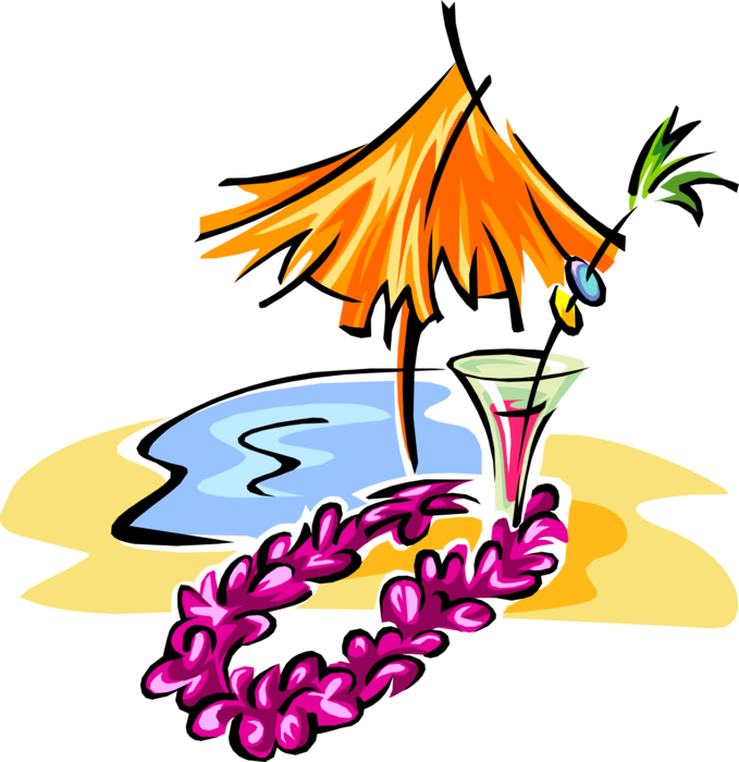 Vector Illustration of Hawaiian Leis with Tiki Cabana Umbrella and Tropical Cocktail Drink