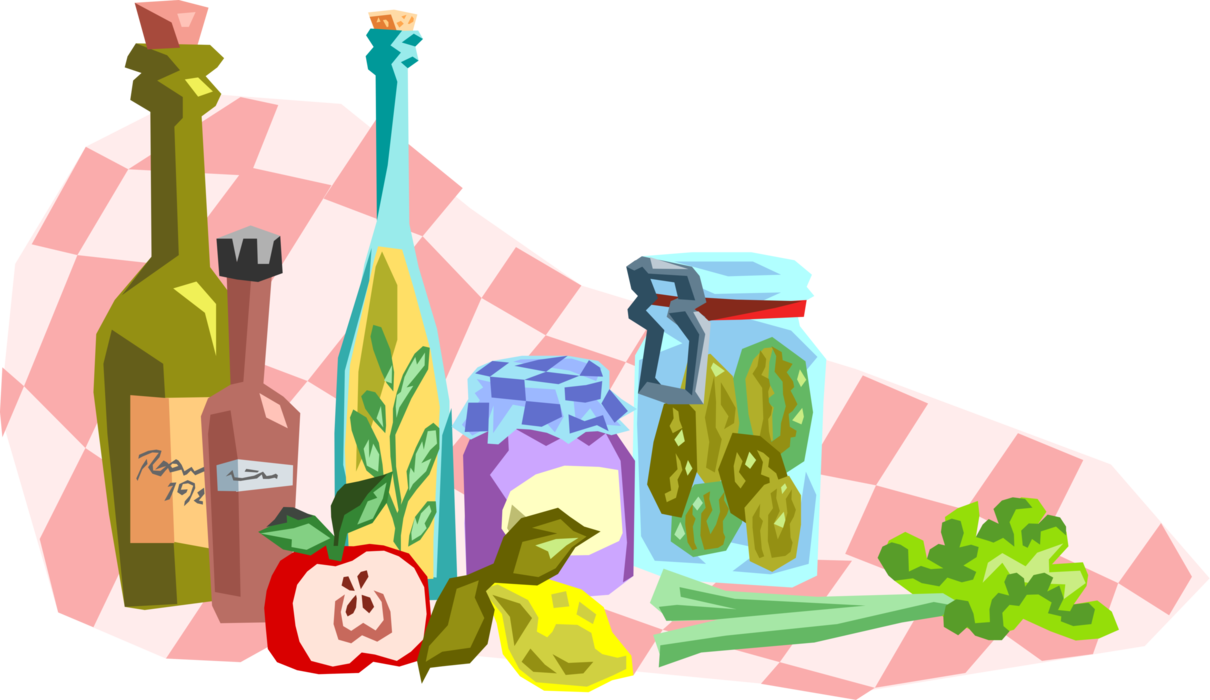 Vector Illustration of Table Top with Various Foods, Olive Oil, Preserves and Pickles