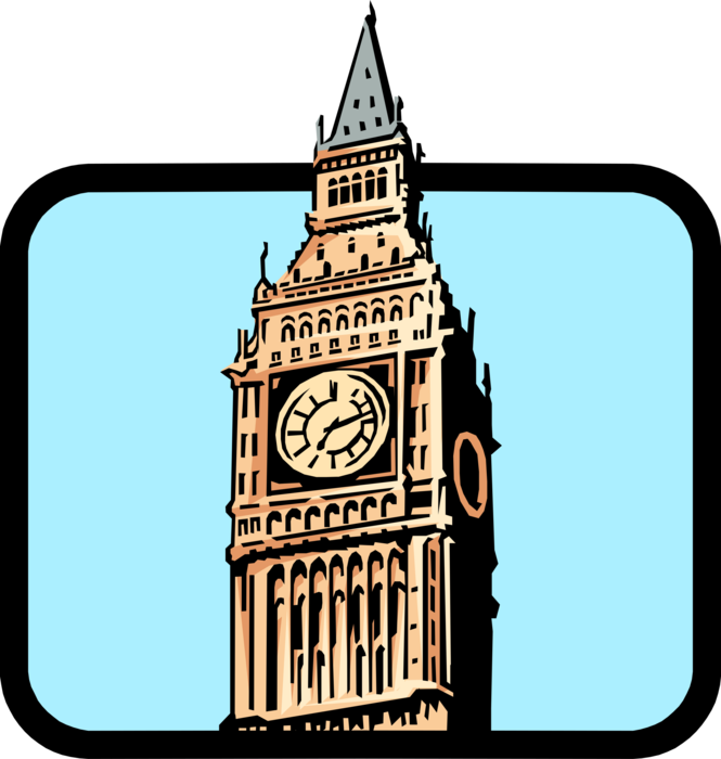 Vector Illustration of Big Ben Clock Tower Tourism Landmark, British House of Parliament, London, England, United Kingdom