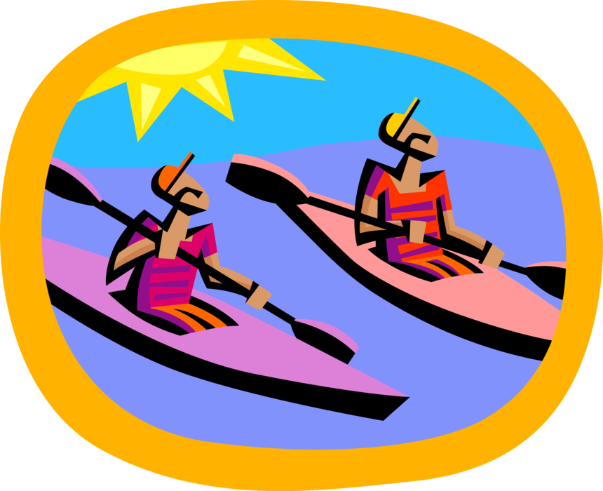 Vector Illustration of Kayakers Enjoy Paddling Kayaks on Summer Day of Kayaking