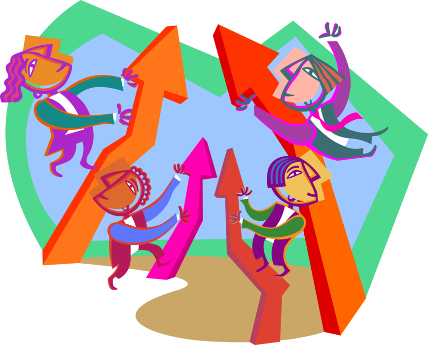 Vector Illustration of Business Colleagues with Progress and Growth Arrows