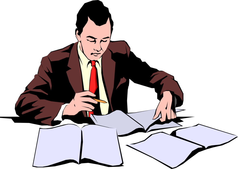 Vector Illustration of Businessman Reviewing Documents and Reports