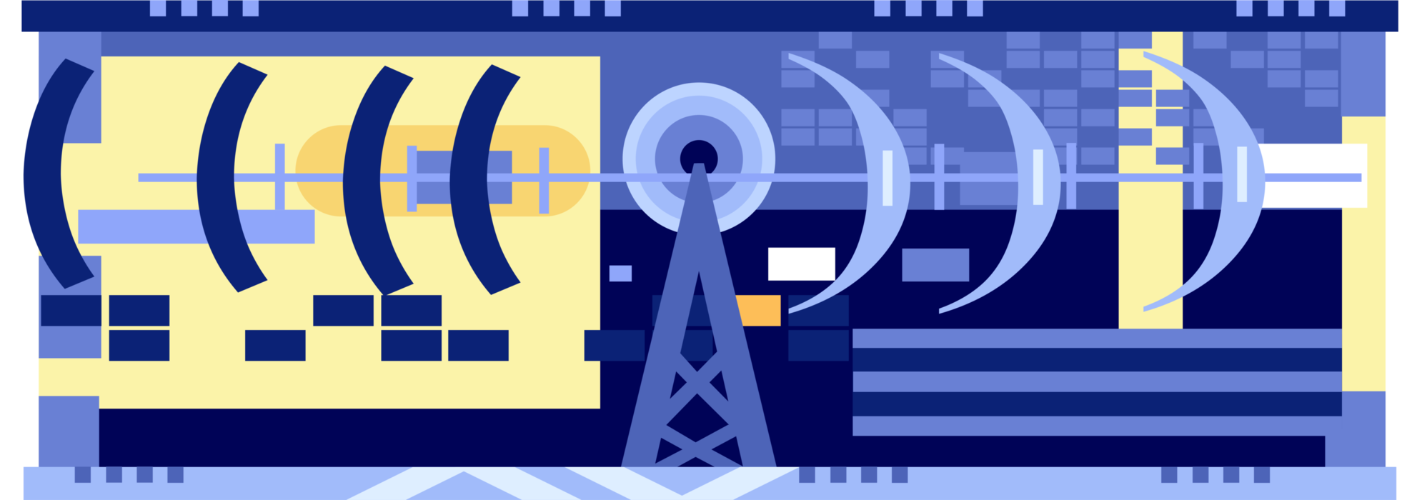 Vector Illustration of Satellite Dish Parabolic Antenna Receives Electromagnetic Signals Day and Night