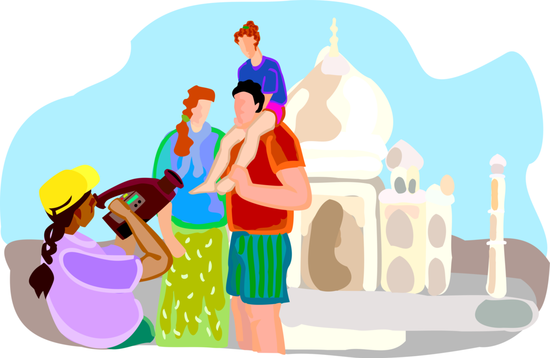 Vector Illustration of Family Vacation to India with Taj Mahal