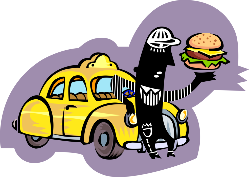 Vector Illustration of Taxi Motorist Driver Taking Lunch Break Eats Hamburger