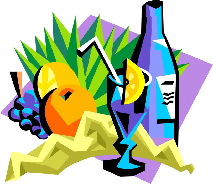 Vector Illustration of Tropical Fruit Drink with Citrus Lemon, Orange and Grapes