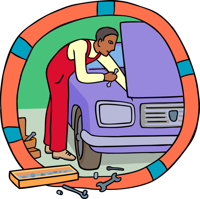 Vector Illustration of Auto Mechanic Works on Automobile Car in Service Garage