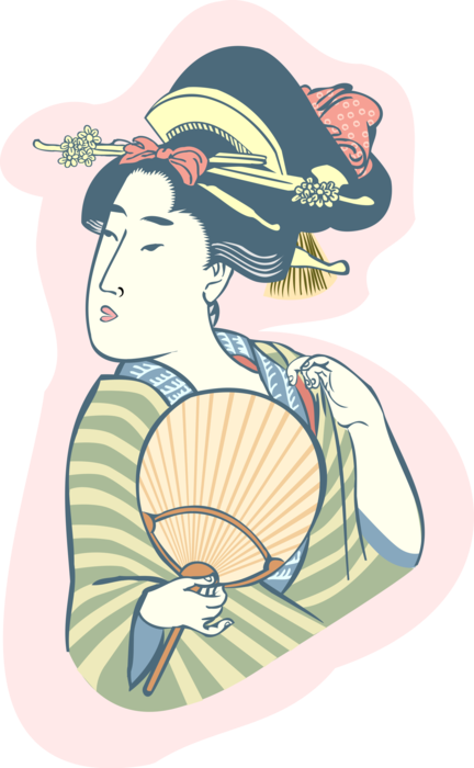 Vector Illustration of Japanese Courtesan Geisha Hostess in Traditional Garment Kimono Dress with Hand Fan
