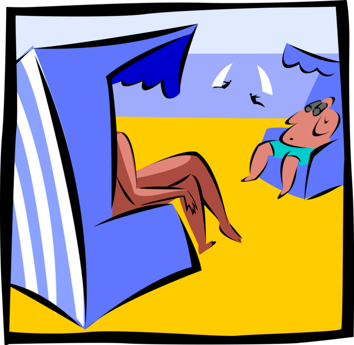 Vector Illustration of Dirty Old Man with Binoculars Ogles Beach Bikini Babes