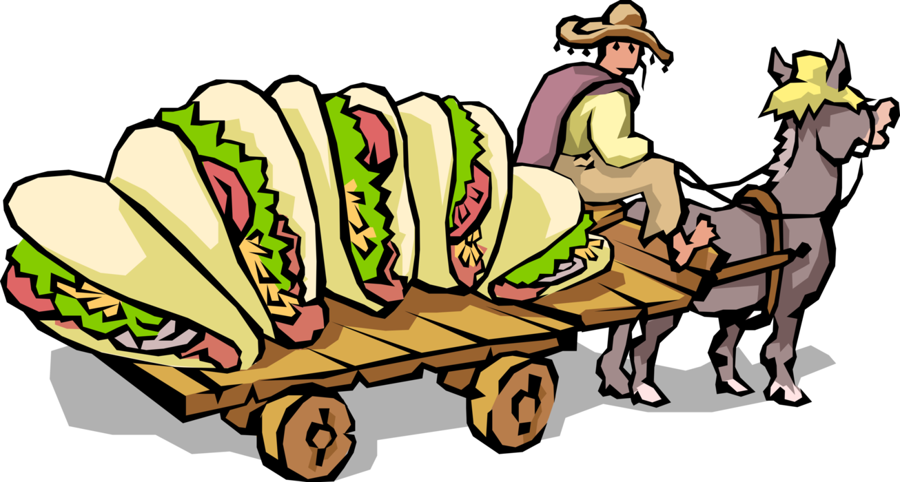 Vector Illustration of Mexican Cuisine Chef with Donkey Cart Loaded with Fresh Tacos