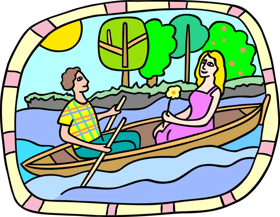 Vector Illustration of Romantic Couple Enjoy Boat Ride on Water