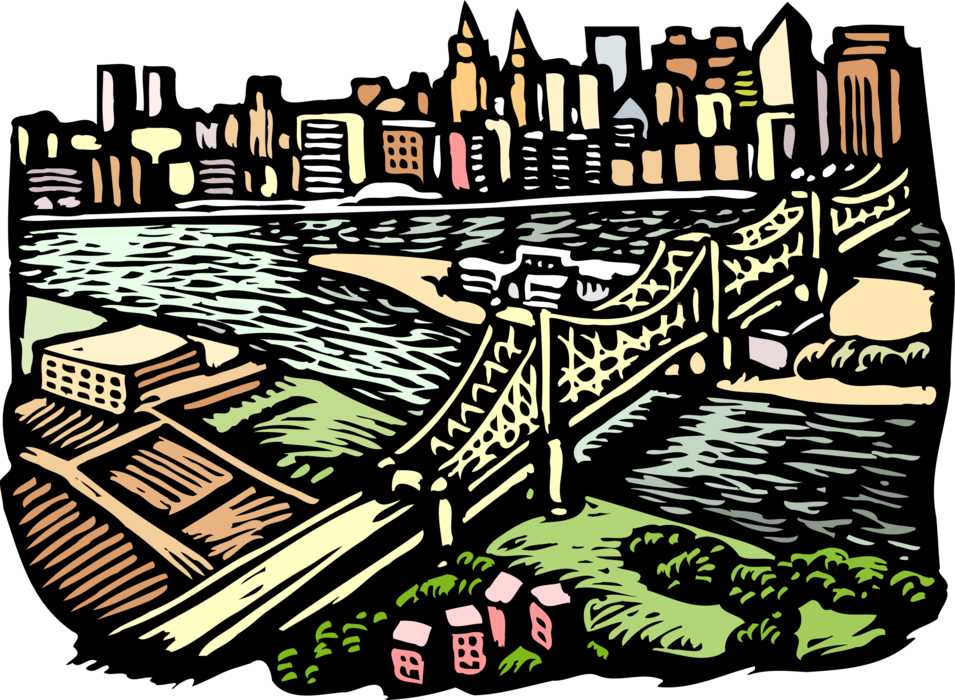 Vector Illustration of Suspension Bridge with City Skyline and River