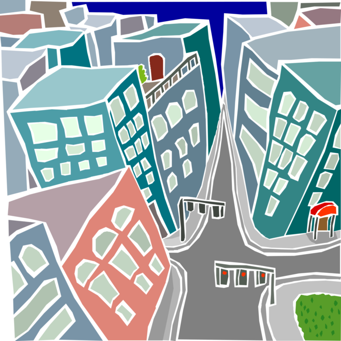 Vector Illustration of Downtown Office Buildings with Streets and Traffic Lights