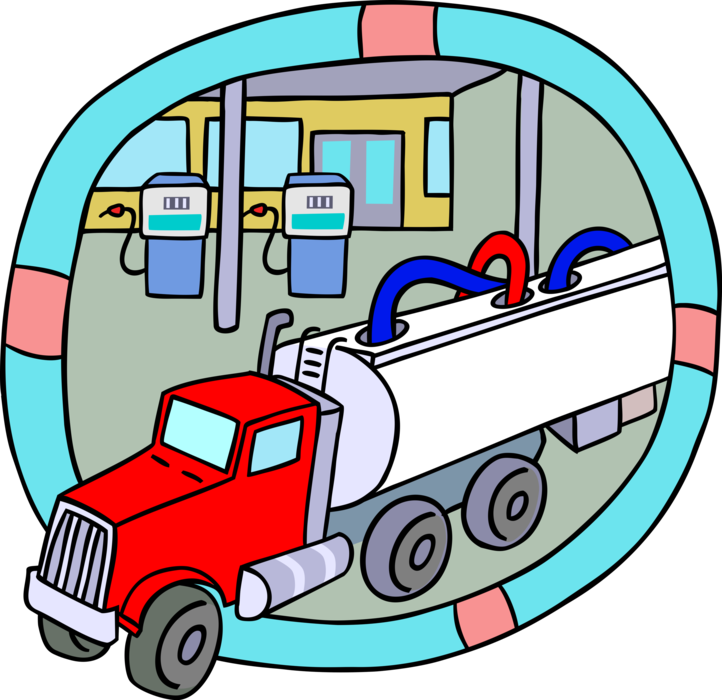 Vector Illustration of Petroleum Gasoline Fuel Tanker Transport Truck Delivers Gas to Service Station