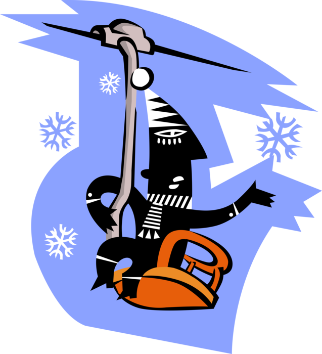 Vector Illustration of Skier Riding Chairlift Gondola at Downhill Alpine Ski Resort