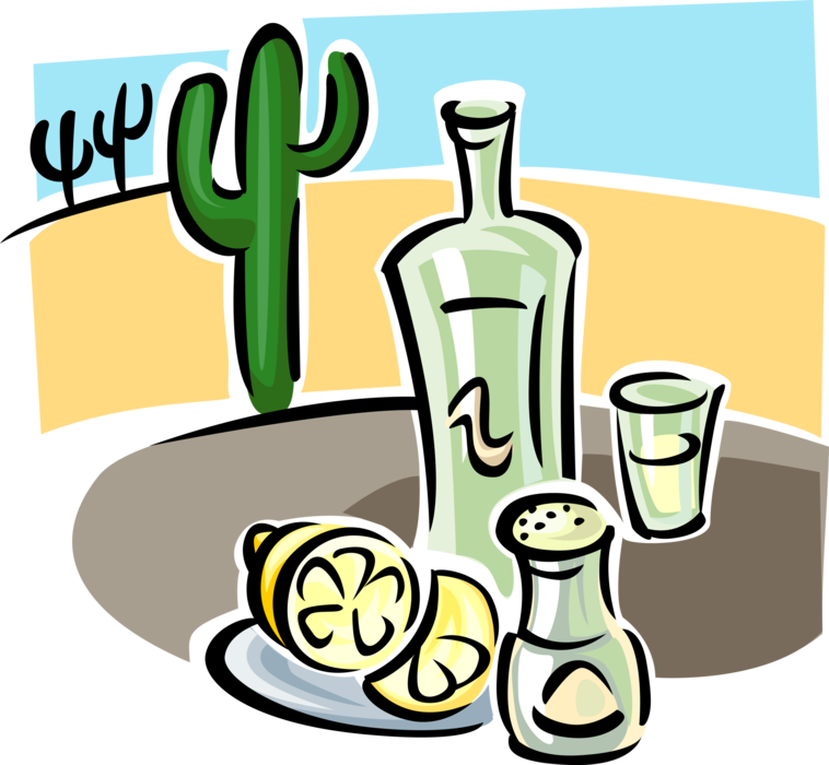 Vector Illustration of Blue Agave Distilled Tequila Alcohol Beverage with Citrus Fruit Lemons