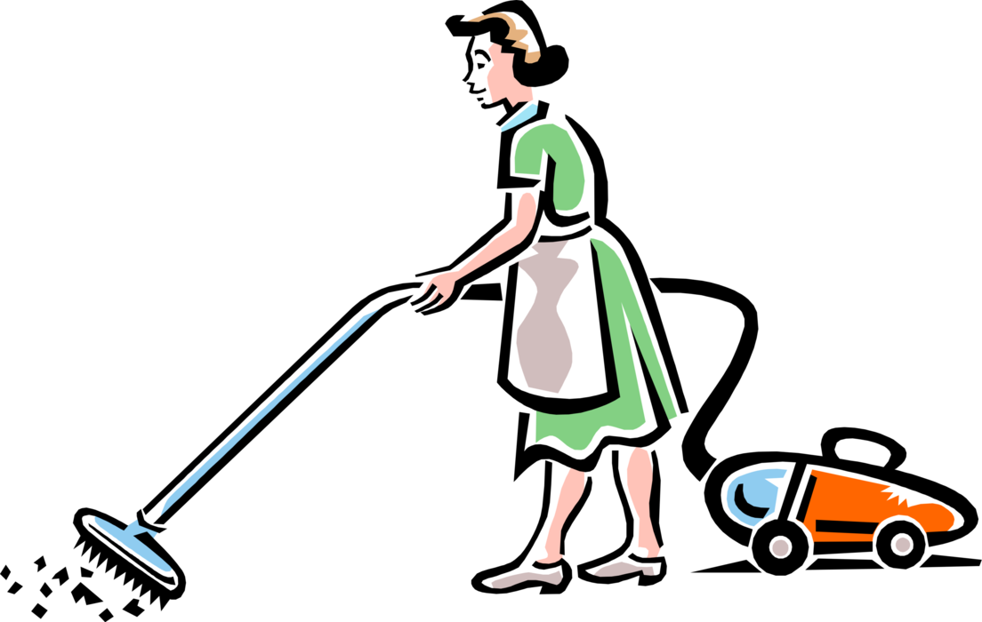 Vector Illustration of Cleaning Service Maid Vacuuming Dirt with Vacuum in House