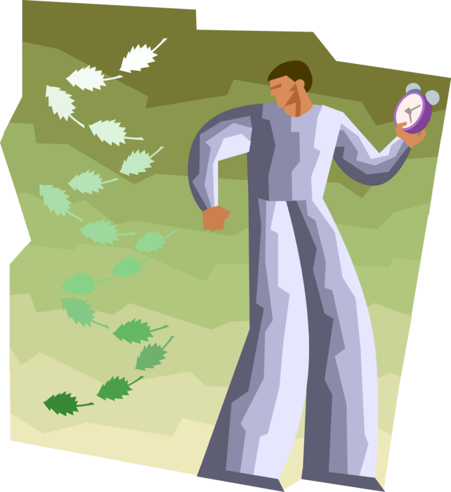 Vector Illustration of Human Figure Holding Clock, Watching Leaves Fall