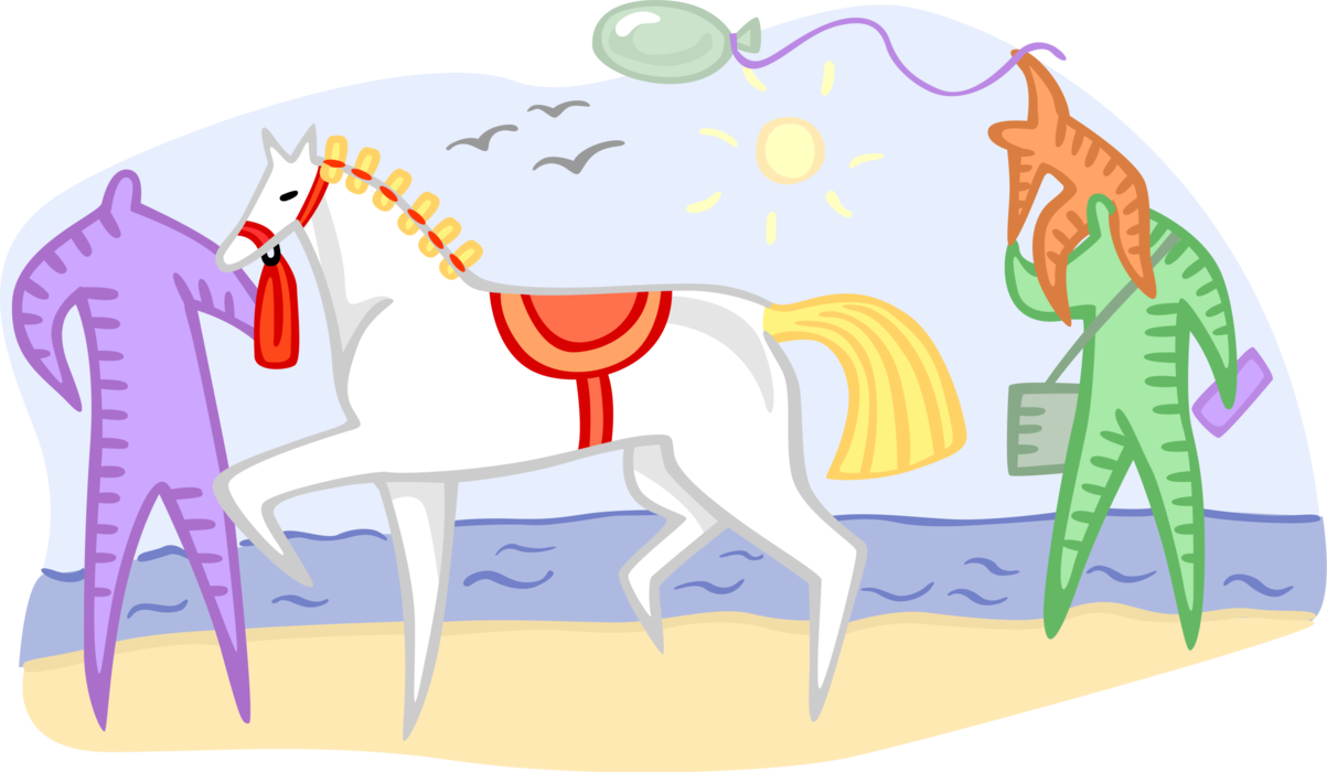 Vector Illustration of White Horse on Beach with Father and Child Enjoying Time Together