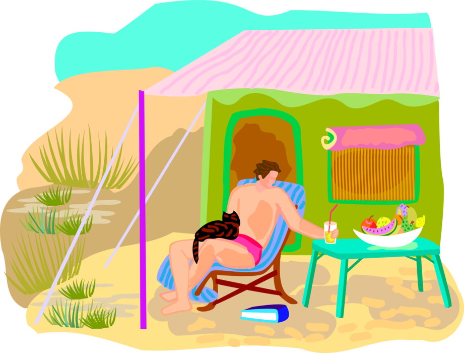 Vector Illustration of Outdoor Recreational Activity Camping Outdoors with Tent and Refreshing Drink with Fruits