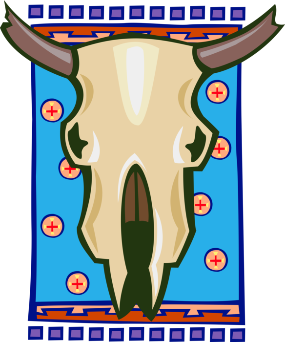 Vector Illustration of Native American Buffalo Bison Skull Head Folk Art