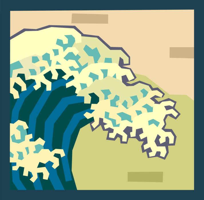 Vector Illustration of Ocean Surf Waves Crashing onto Beach