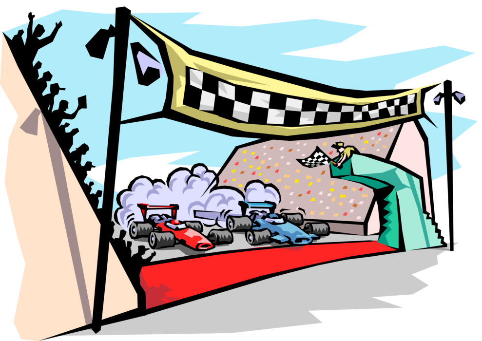 Vector Illustration of Formula One Motorsports Racing Cars Race to Checkered or Chequered Flag Finish Line at Raceway