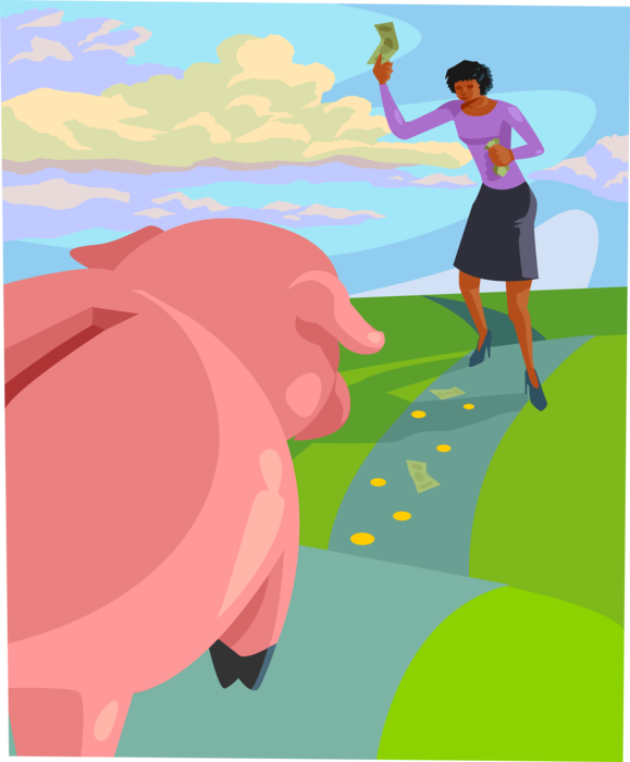 Vector Illustration of Businesswoman Tempts Piggy Bank Coin Container with Business Profit Cash Money