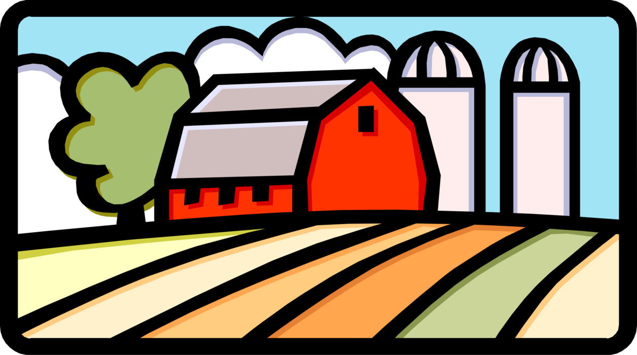 Vector Illustration of Farm Scene with Barn and Grain Storage Silo