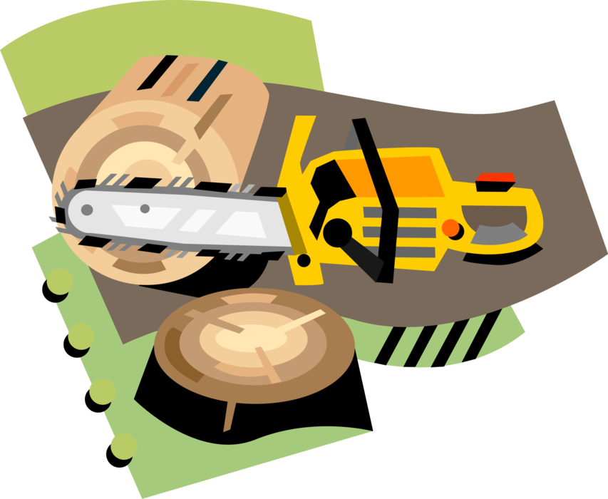 Vector Illustration of Forestry Industry Timber Felling with Chainsaw and Tree Log