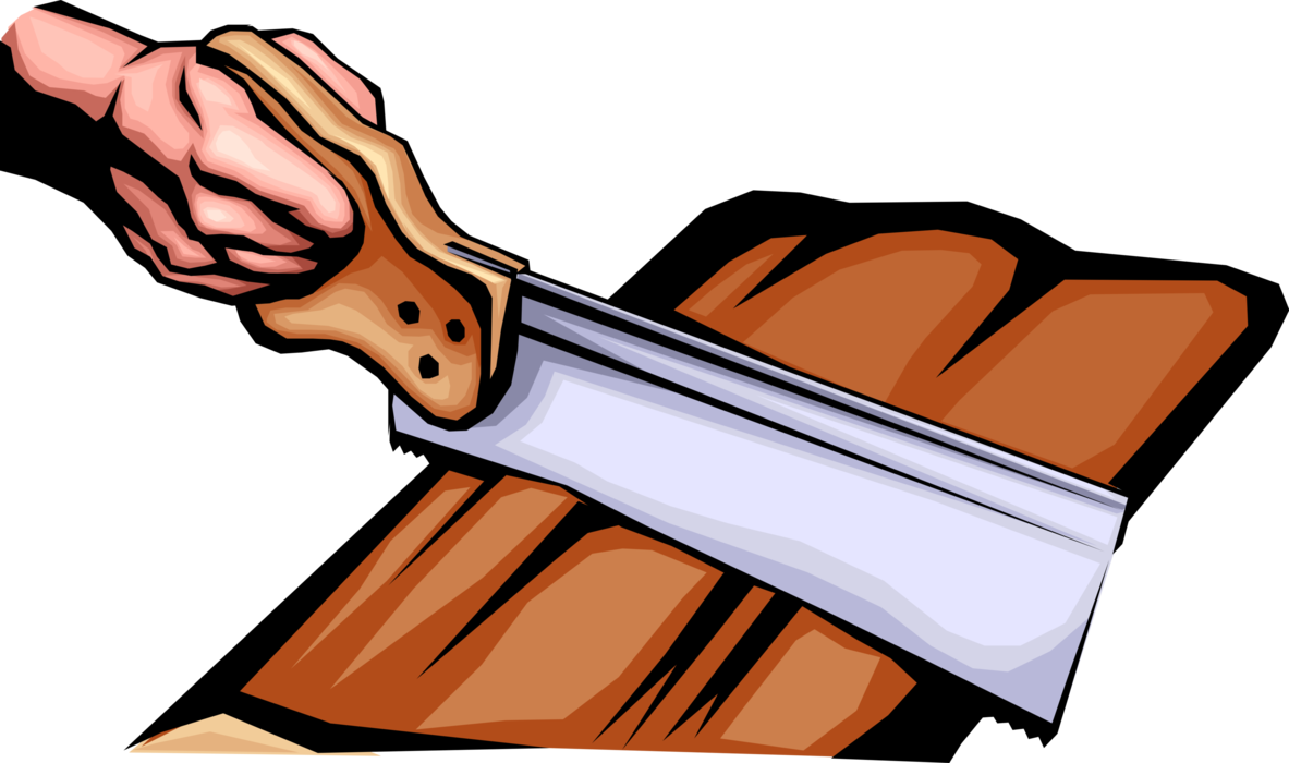 Vector Illustration of Hand Works with Woodworking and Carpentry Hand Saw