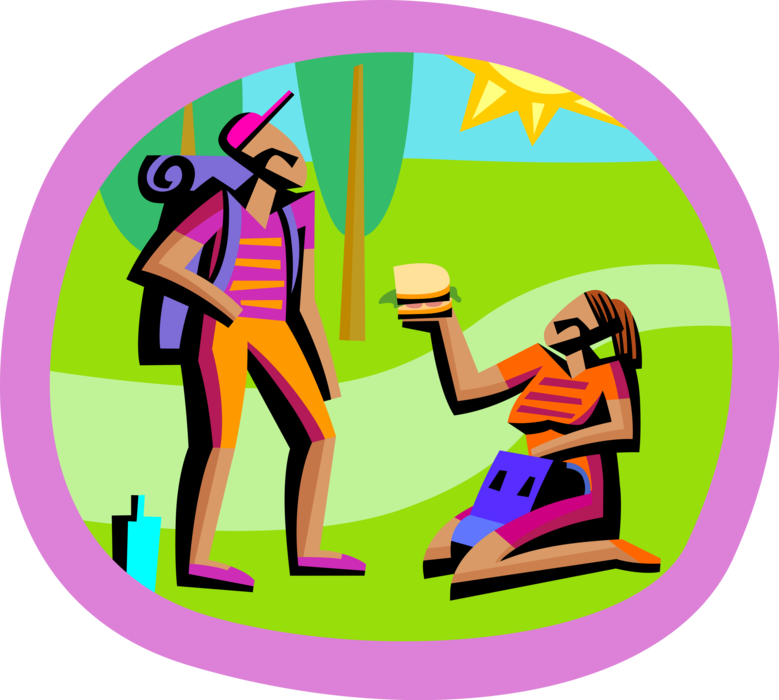 Vector Illustration of Hikers Stop for Picnic Lunch While Hiking on Summer Day