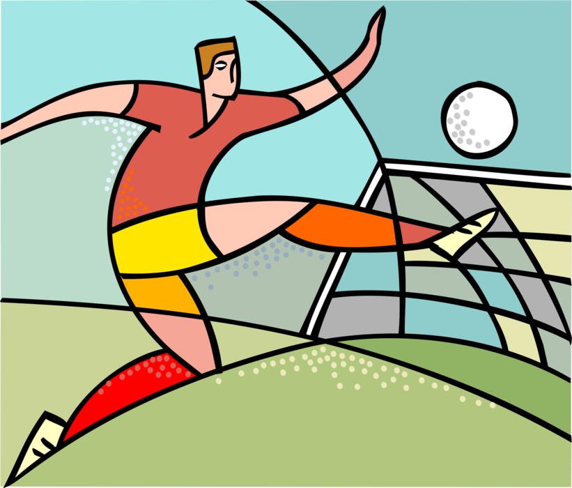 Vector Illustration of Sport of Soccer Football Player Kicking Ball into Net to Score