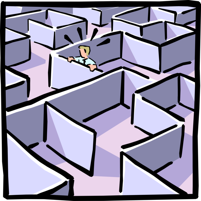 Vector Illustration of Businessman Trapped in Maze Labyrinth with Walls and Passageways