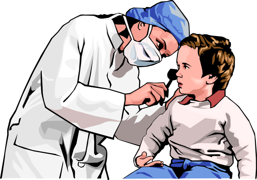 Vector Illustration of Medical Physician Doctor's Office Annual Checkup Medical Physician Ear Examination with Otoscope