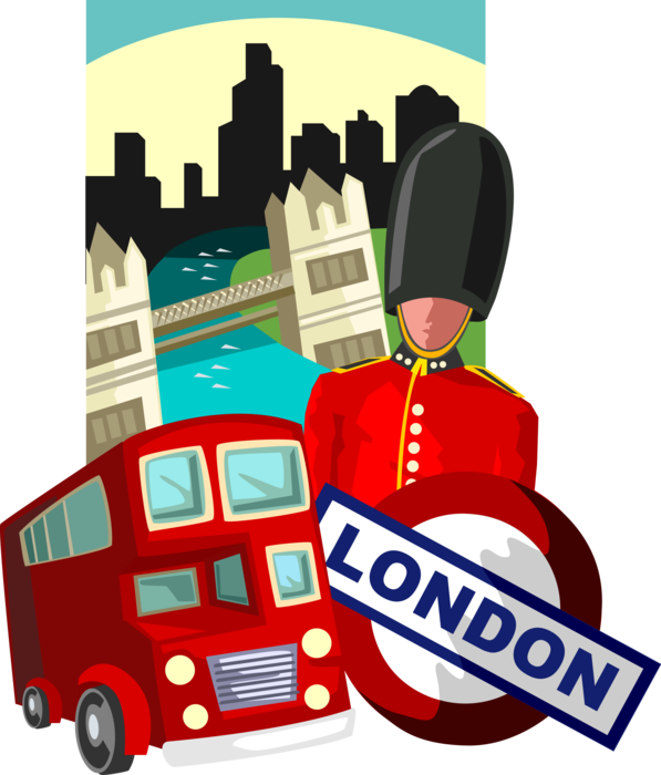 Vector Illustration of London Double-Decker Bus with Tower Bridge and Queen's Guard with Bearskin Hat