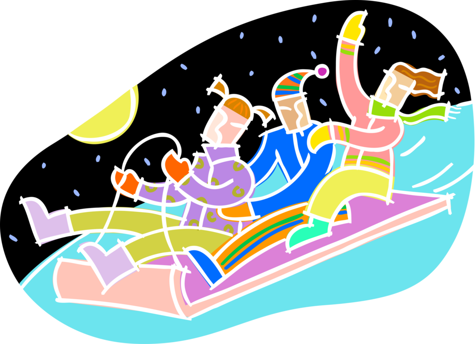 Vector Illustration of Family Enjoy Winter Sledding and Tobogganing on Snow Covered Hills