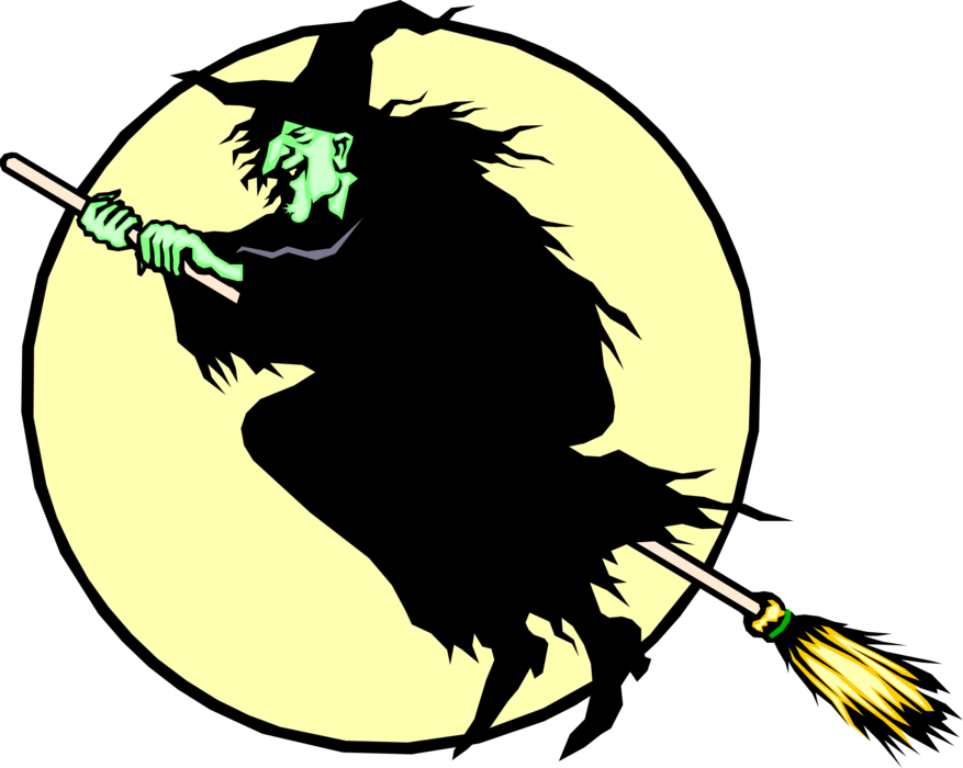Vector Illustration of Ugly Halloween Witch Rides Broomstick