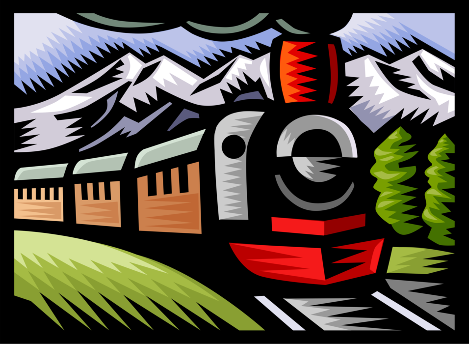 Vector Illustration of Rail Transport Speeding Steam Locomotive Railway Train