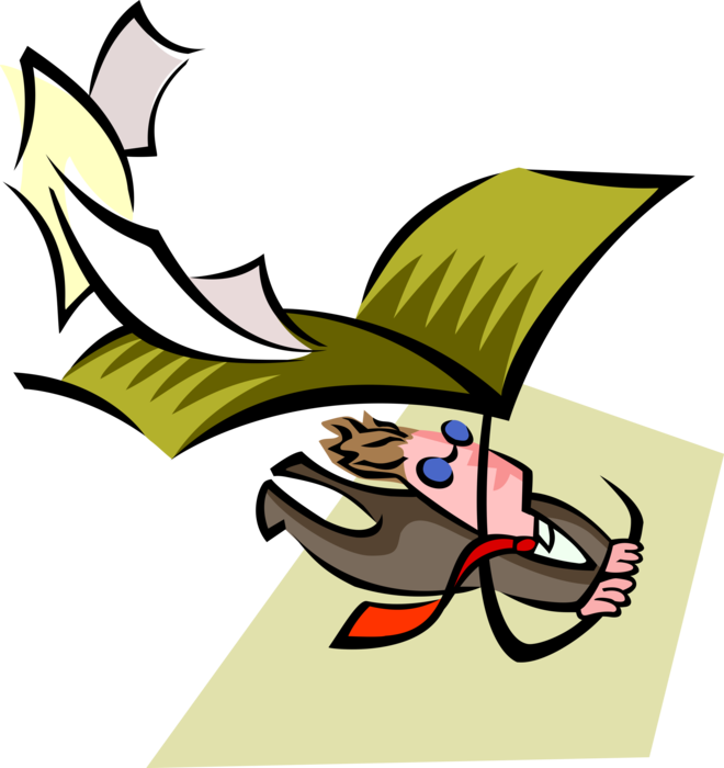 Vector Illustration of Businessman Flying Hang Glider with Documents in Wind