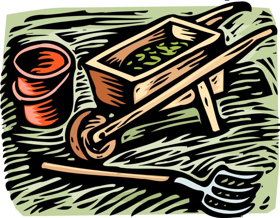Vector Illustration of Gardening Pitchfork with Wheelbarrow and Bucket