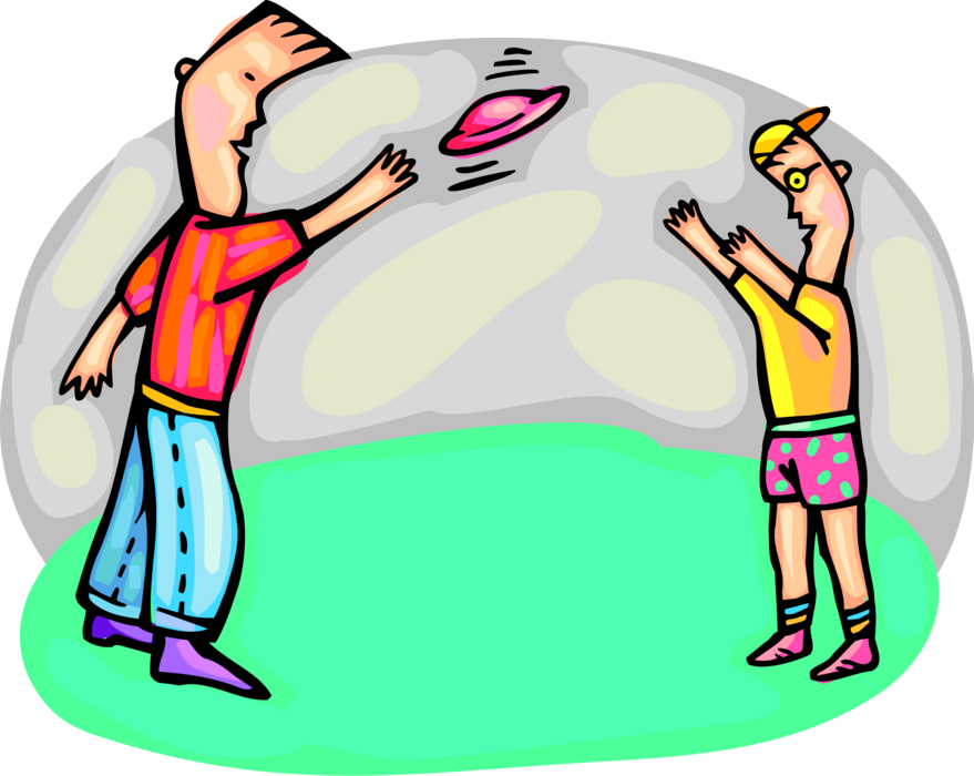 Vector Illustration of Children Playing Outdoors Tossing Frisbee Flying Disc