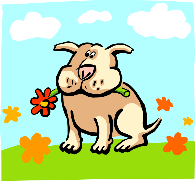 Vector Illustration of Family Pet Dog Chewing on Flower in Summer